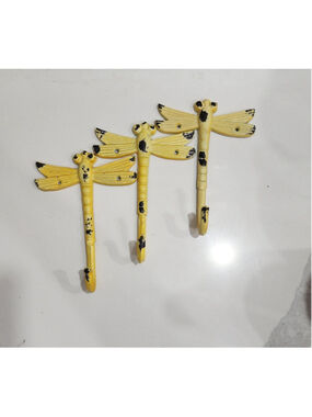 Dragonfly Decorative Wall Hooks Cast Iron, Yellow 7" x 5" Set of 3